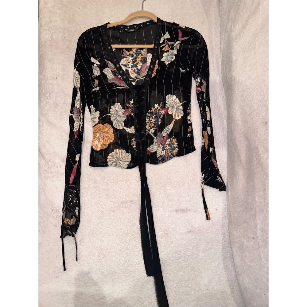 Mango blouse size 4 women’s black with color design and ties